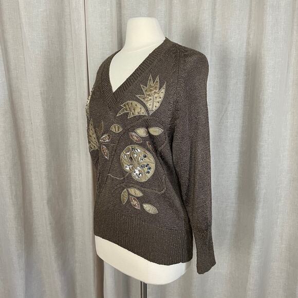 Vintage Sweater Womens Size Small Brown Knit V Neck Lightweight Embellished 80s - Picture 6 of 12